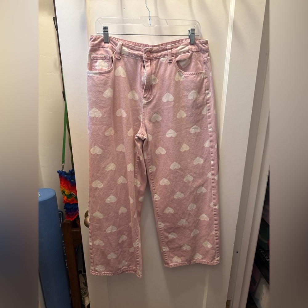Women’s Pink Heart Print Denim Jeans Pants Large